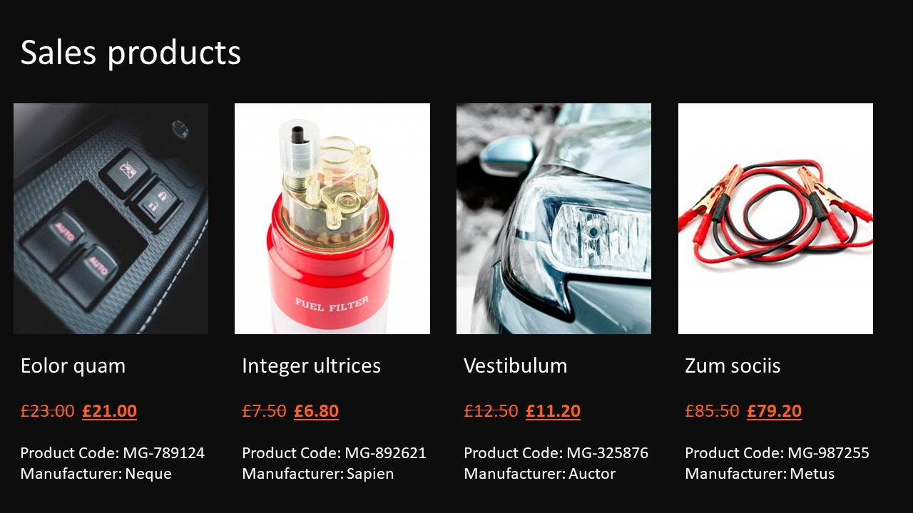 Sales product slide featuring images of car accessories with discounted prices and product codes listed below each item.