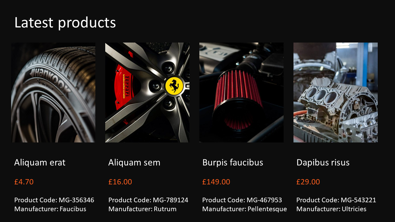 Four images of car parts, each with a product description, price, and code below on a black background.