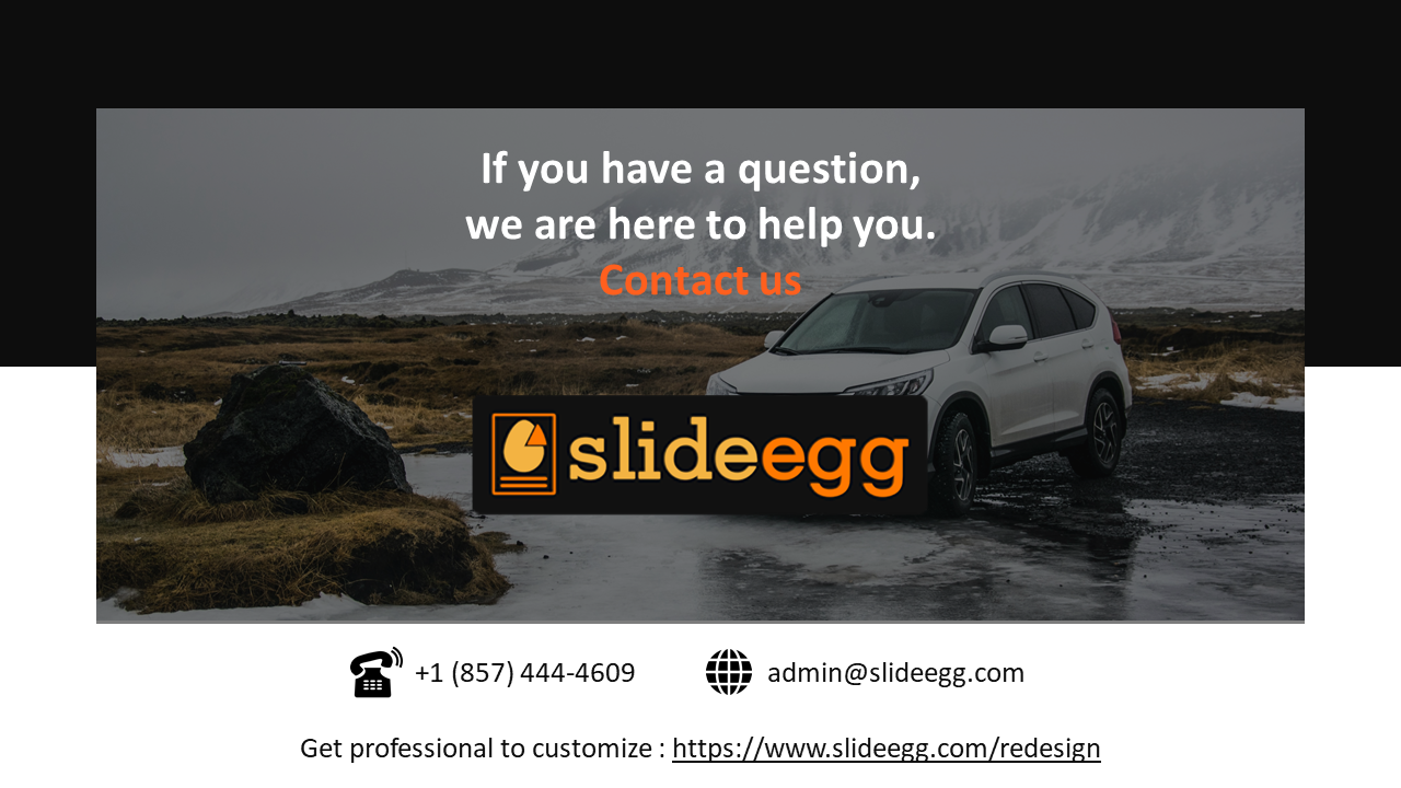 Slide with mountain scenery and car image, featuring SlideEgg logo and contact details at the bottom.