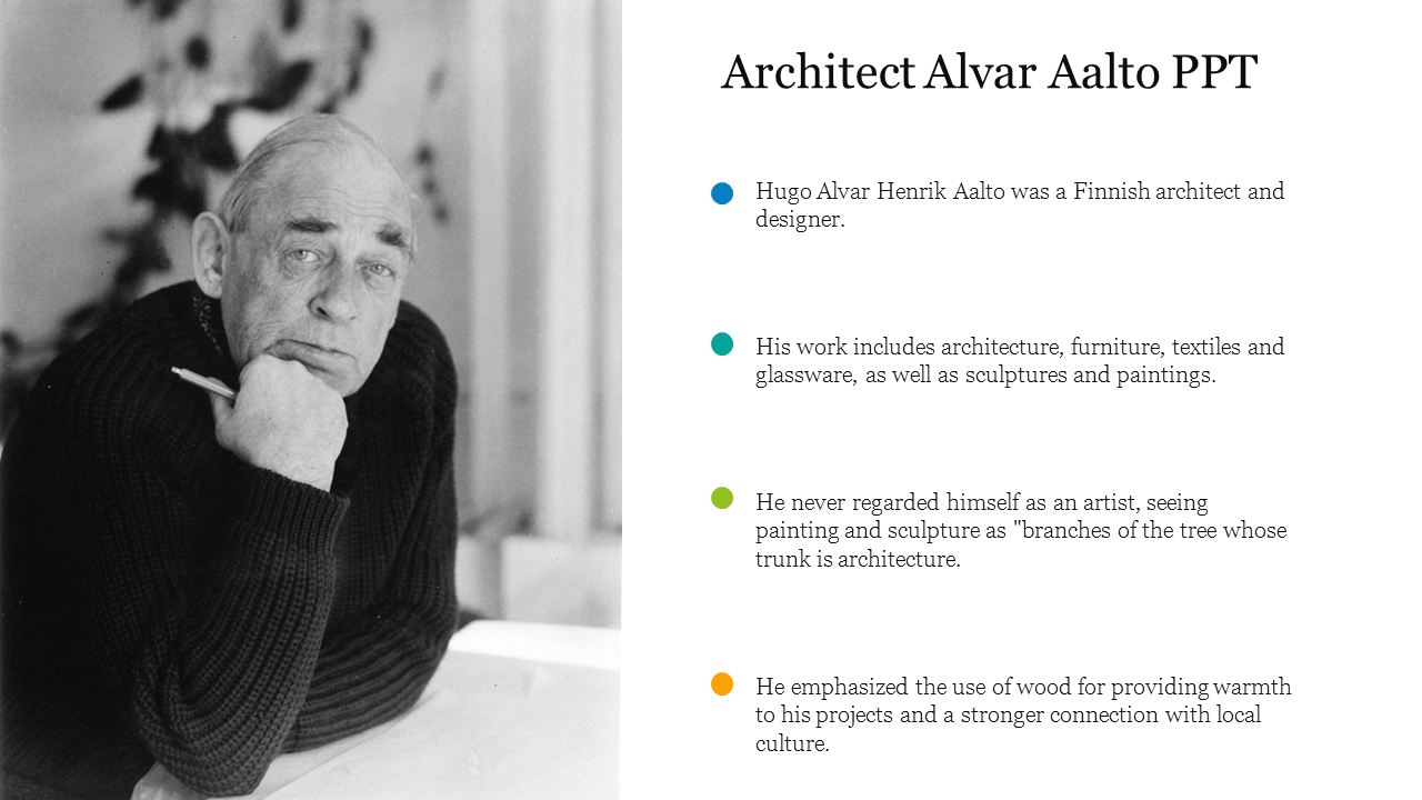 Black and white portrait of architect Alvar Aalto, with bullet points summarizing his achievements and philosophy.