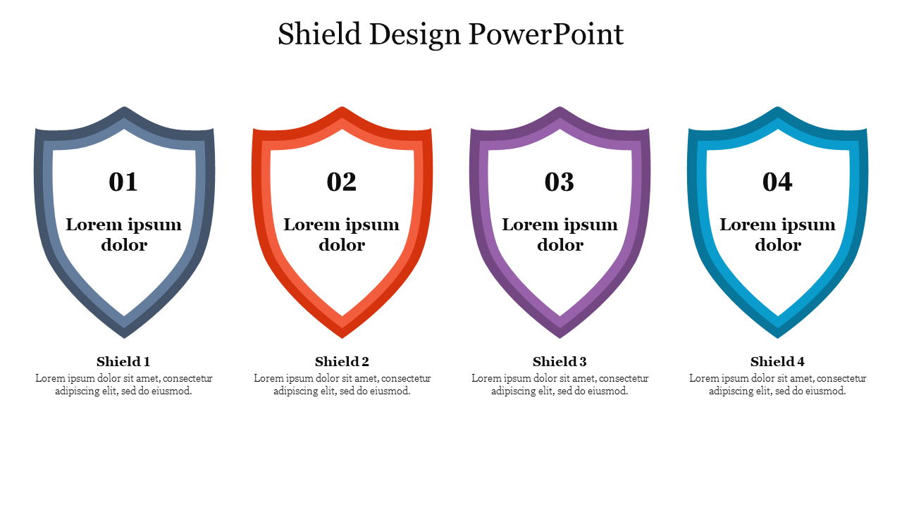 Four shield shaped designs in blue, red, purple, and teal, each containing a number and text inside.