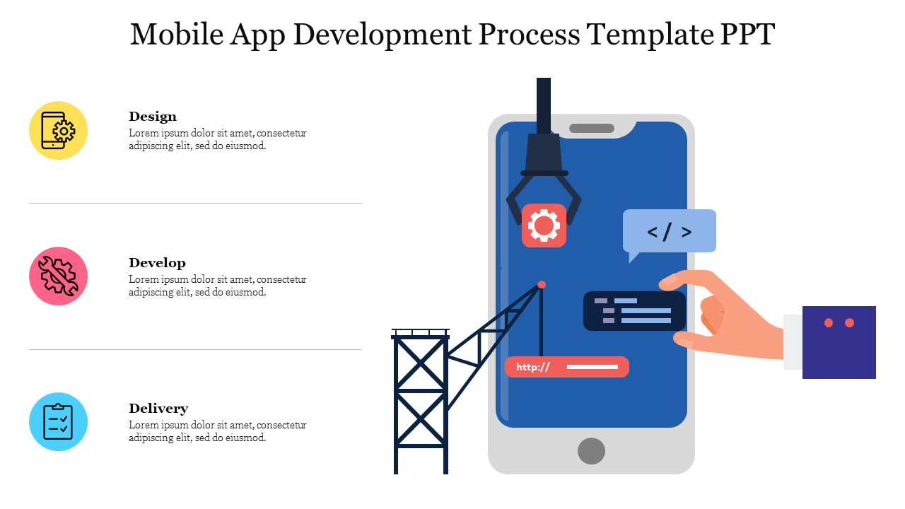 Mobile app development slide with icons a phone graphic with coding elements on right with three caption areas.