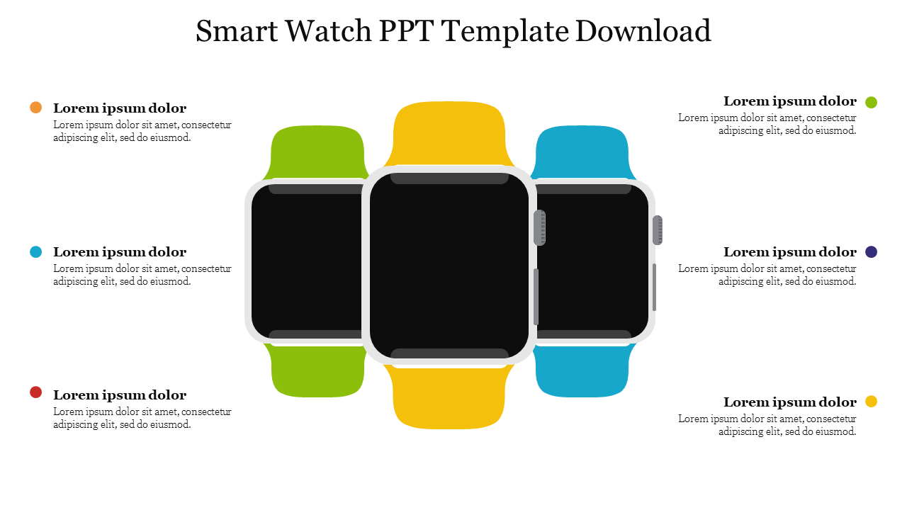 Smartwatch illustration with colorful bands in a template, with text boxes on each side in a white background.