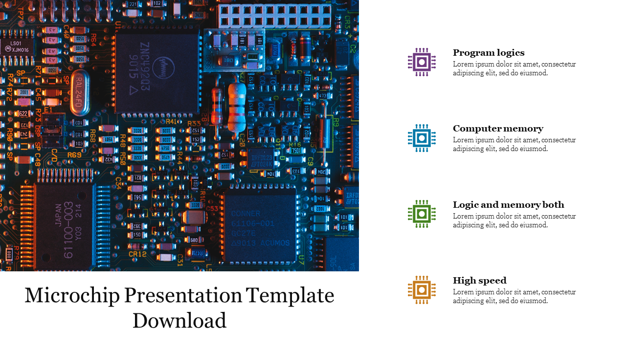 Detailed microchip circuit board in blue and orange gradient, paired with four colored icons with text on the right.