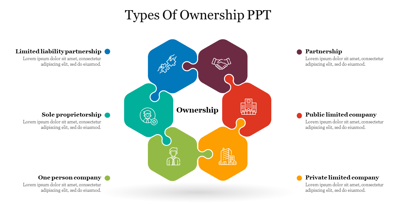 Six connected hexagonal puzzle pieces in various colors, each with an icon representing types of ownership.