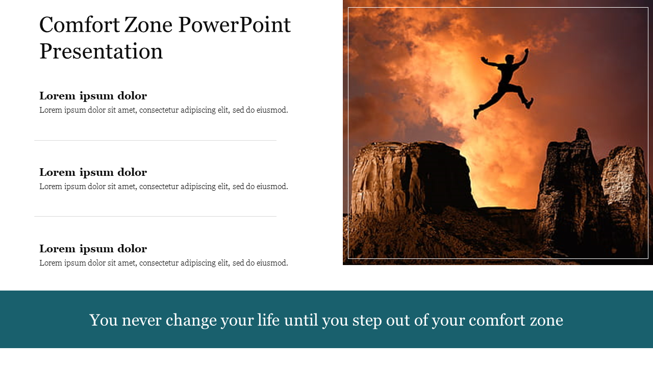 A person jumping between two cliffs under a dramatic sunset sky, with placeholders text with a quote about comfort zone.