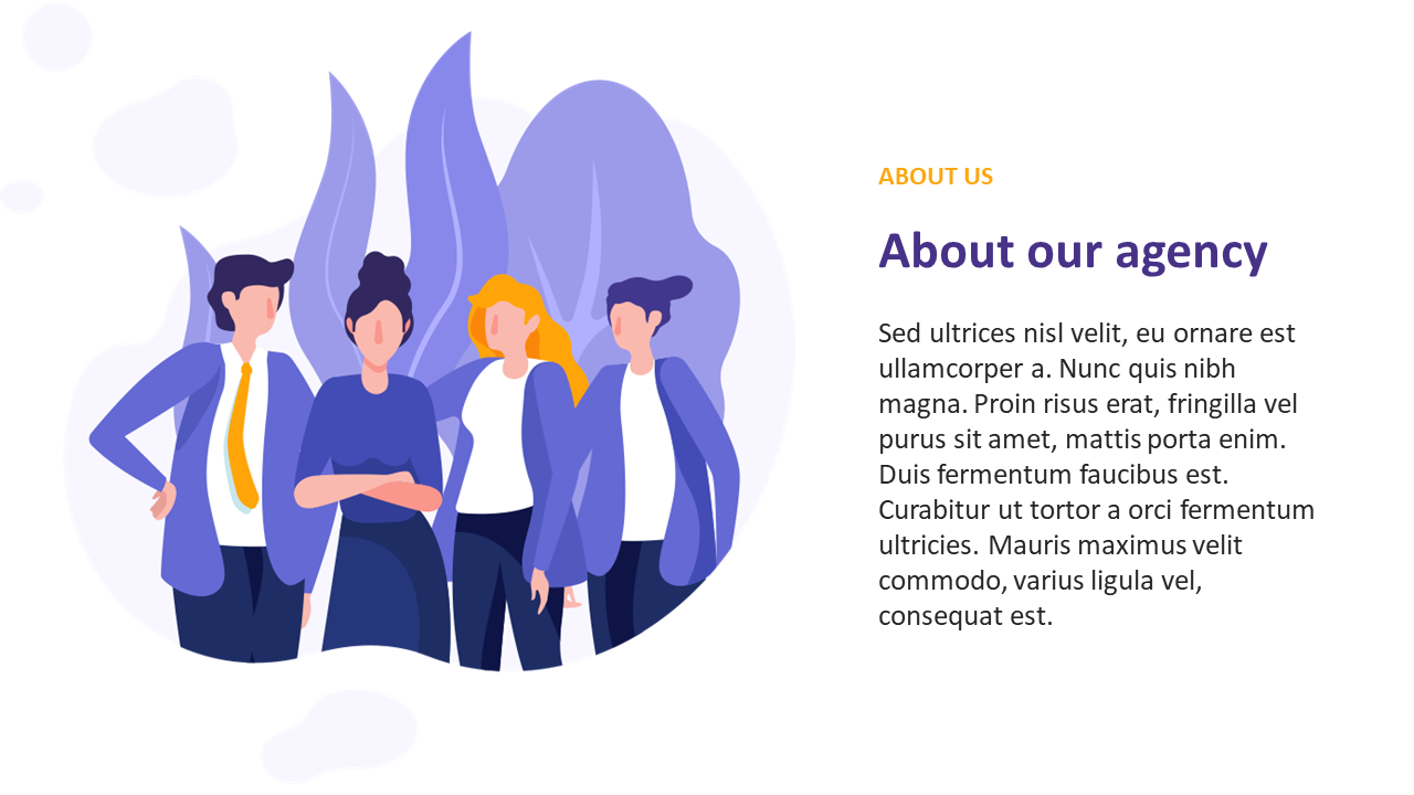 About us slide showing an illustrated team of four people with a purple background and text describing the agency.