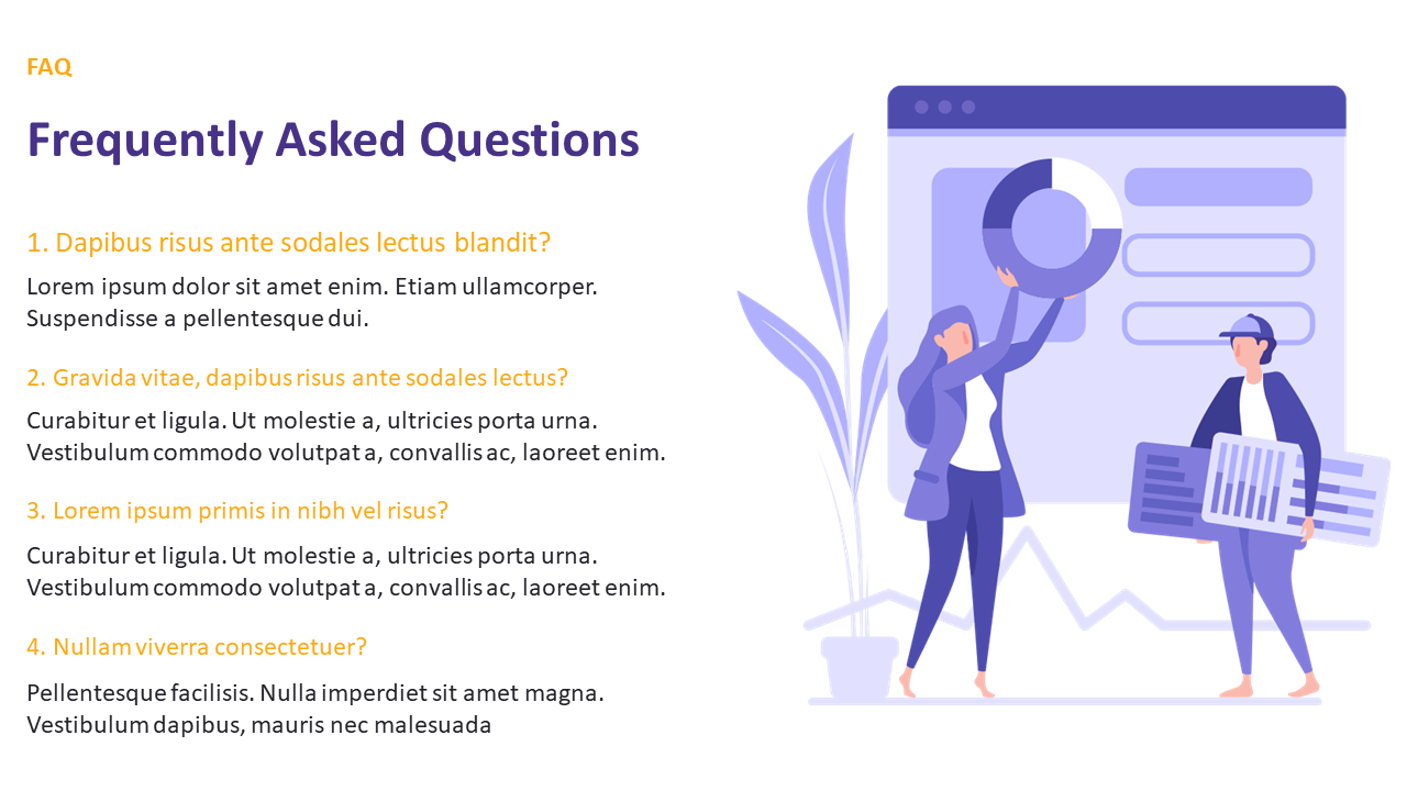 FAQ slide with four questions in orange text and detailed answers, alongside an illustration of people.