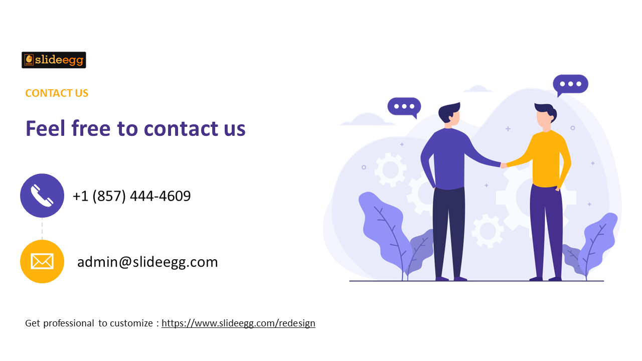 Contact us slide with two figures shaking hands, phone and email details, and decorative elements.