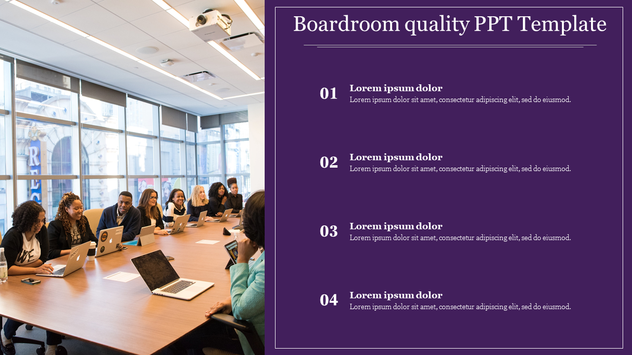 Boardroom meeting on the left and purple section on the right with four numbered text points in white font.