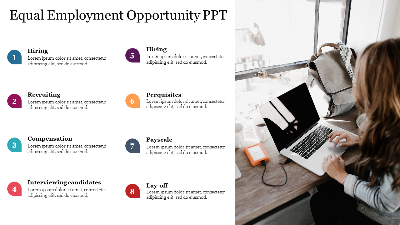 Equal employment opportunity slide outlining eight steps with placeholder text and an image.