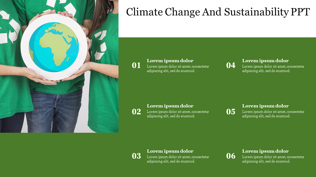 Climate change and sustainability slide with image of people holding a globe, with six caption area in a green background.