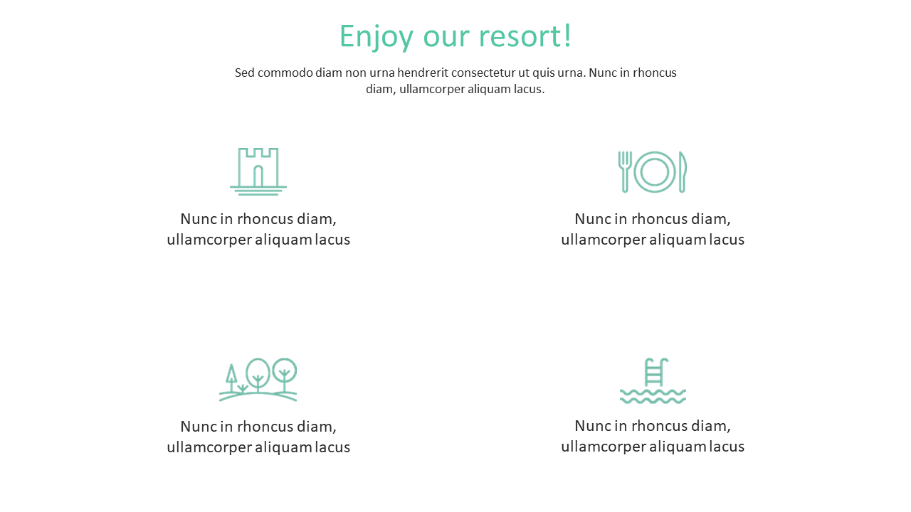 Resort themed layout with green icons representing amenities like dining, pool, nature, and castle attraction.