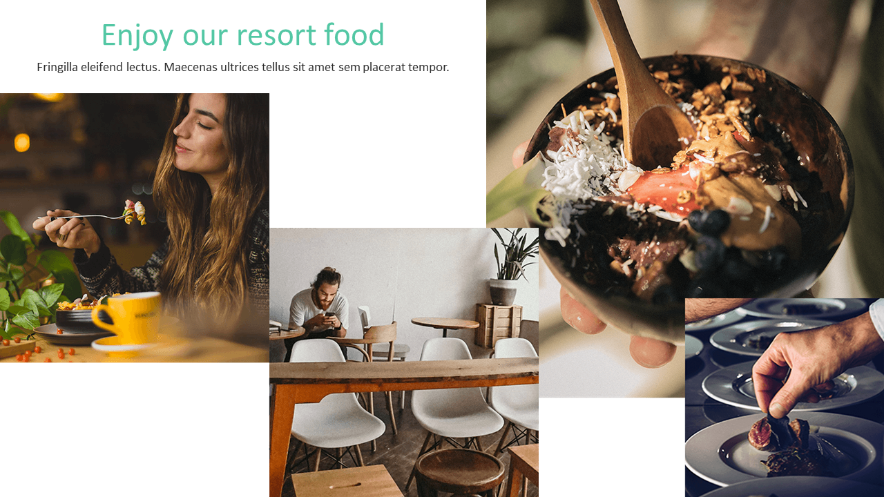 Various food shots, including a granola bowl, plated meals, and casual dining with a relaxed cafe atmosphere.