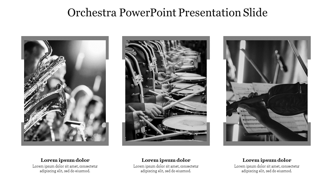 Black and white images of an orchestra playing various instruments, including brass, drums, and strings with text area.