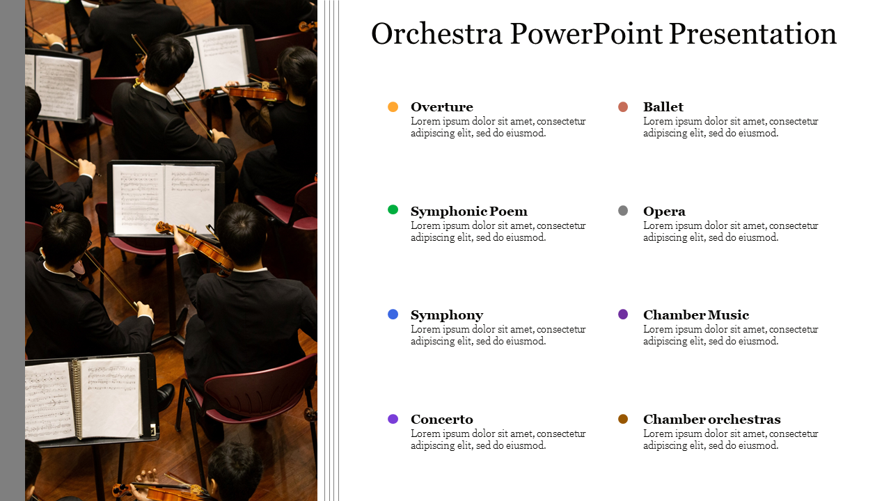 Orchestra PowerPoint slide with a list of classical music types and a photo of an orchestra in performance with text area.