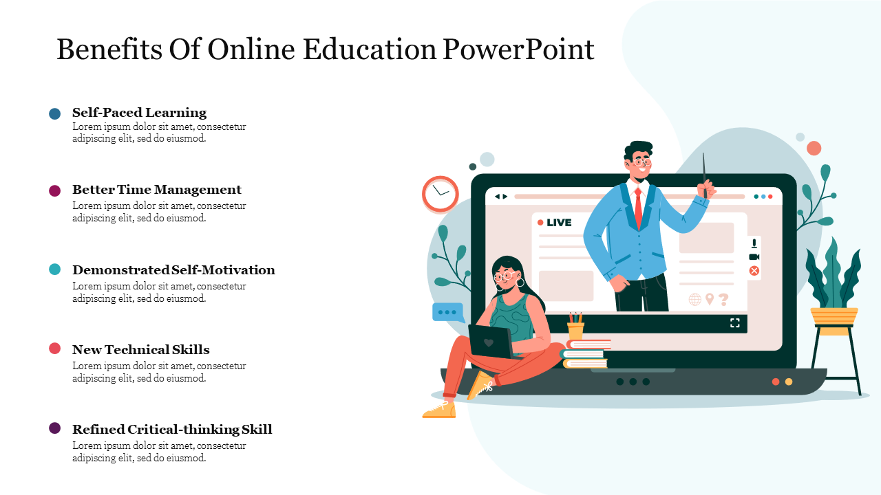 Illustration of online education with a figure using a laptop and a person teaching on a screen, in vibrant colors.