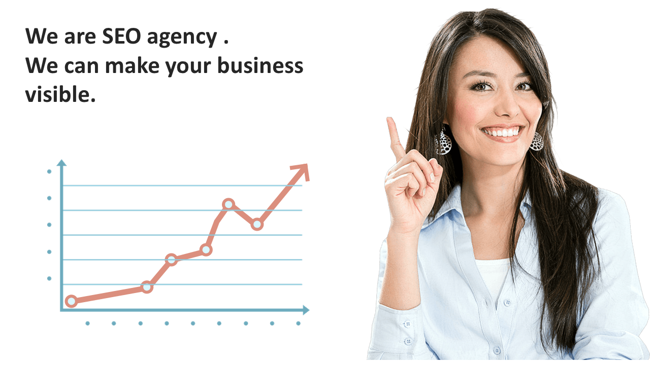 Smiling woman points upwards, next to a line graph with rising data points and text promoting an SEO agency.