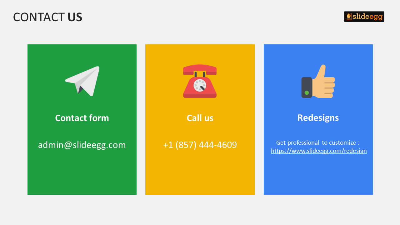 Contact slide with green, yellow, and blue panels showing email, phone, and redesign options with respective icons.