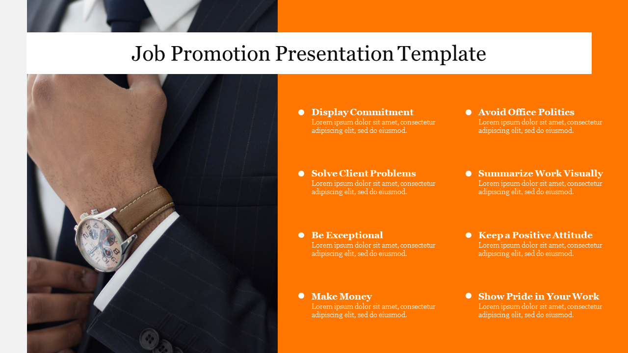 Job promotion slide featuring a businessman adjusting his suit and key promotion tips with text area on an orange backdrop.