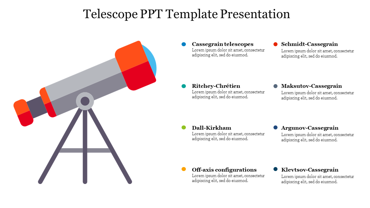 Telescope illustration with red and blue accents, and eight colored text points arranged on the right.