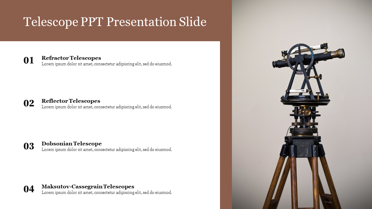 Slide with a vintage telescope image on the right and descriptions of four telescope types on the left side.