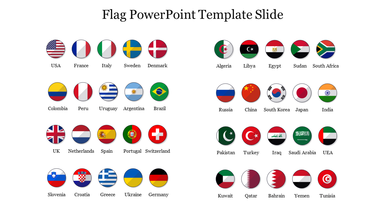 Flag template featuring round icons of flags from various countries, arranged in rows  in a clean layout.