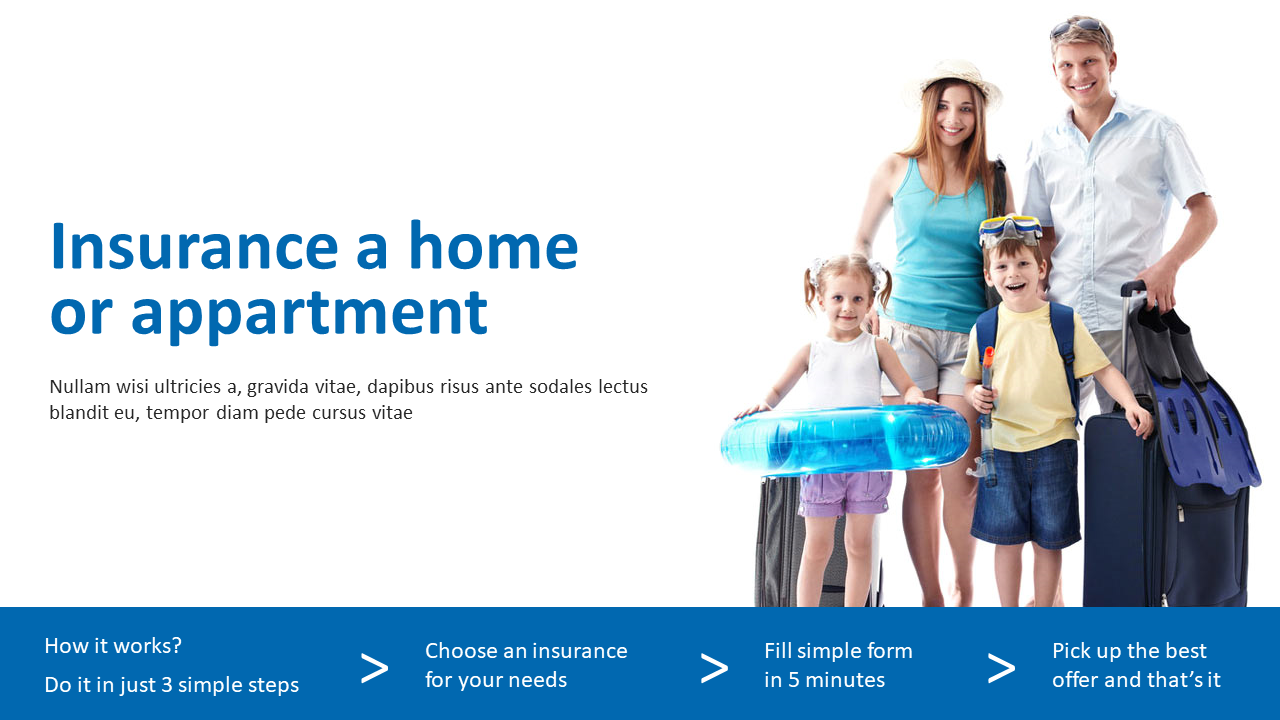 A family holding travel essentials on the right and a three step guide in a blue bar at the bottom.