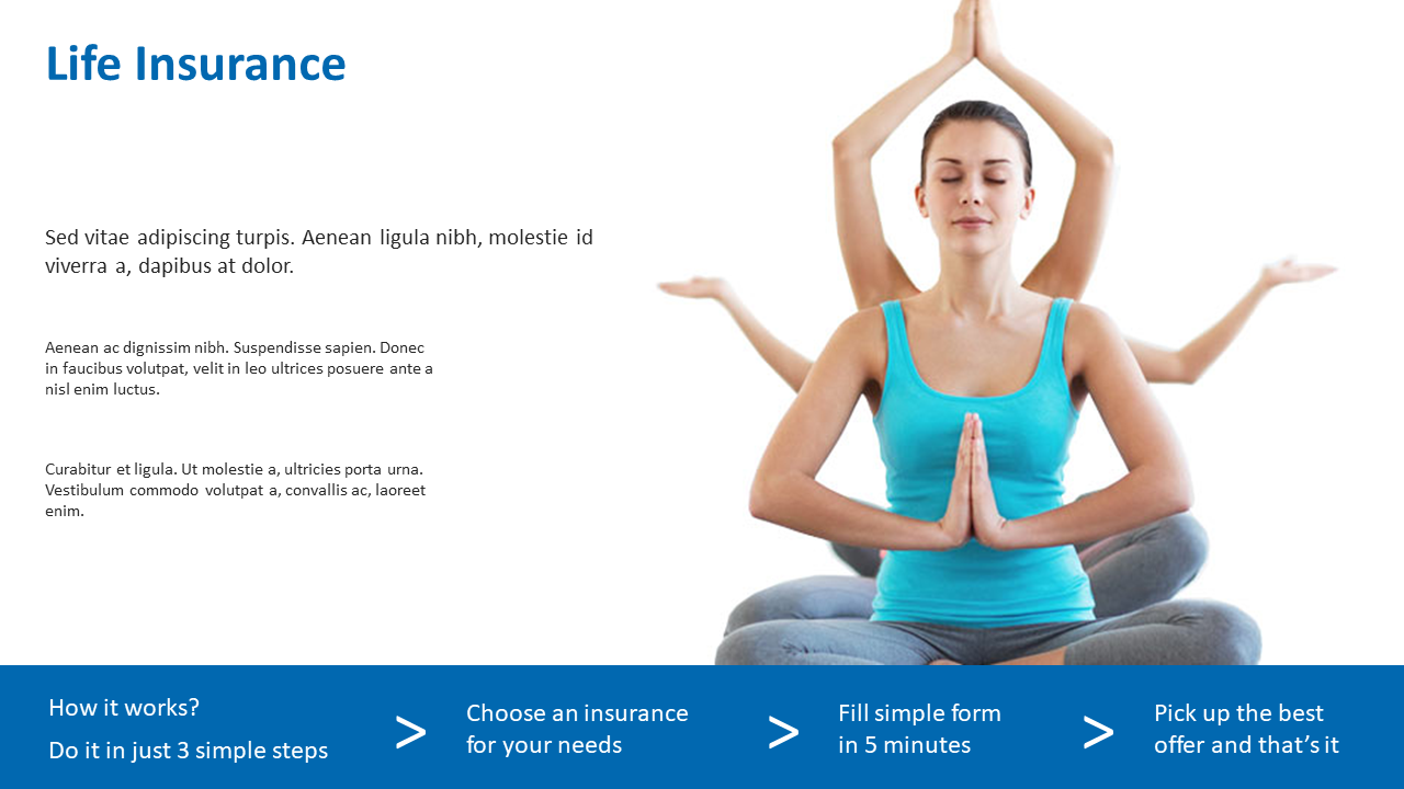 Woman sitting in a meditative position, with text content on the left and a blue information bar at the bottom.