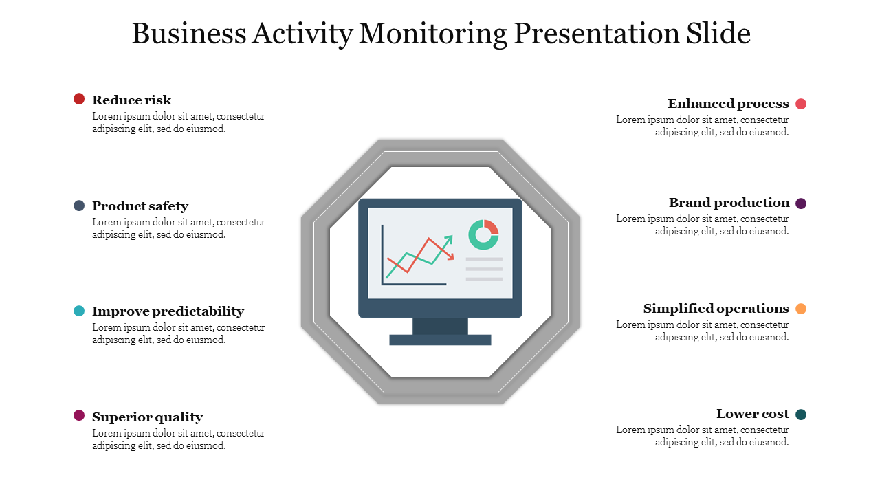 Hexagon graphic featuring a central computer monitor displaying a line graph, surrounded by business-related and captions.