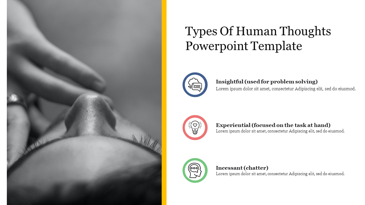 PowerPoint slide on types of human thoughts insightful, experiential, and incessant, with related icons and descriptions.