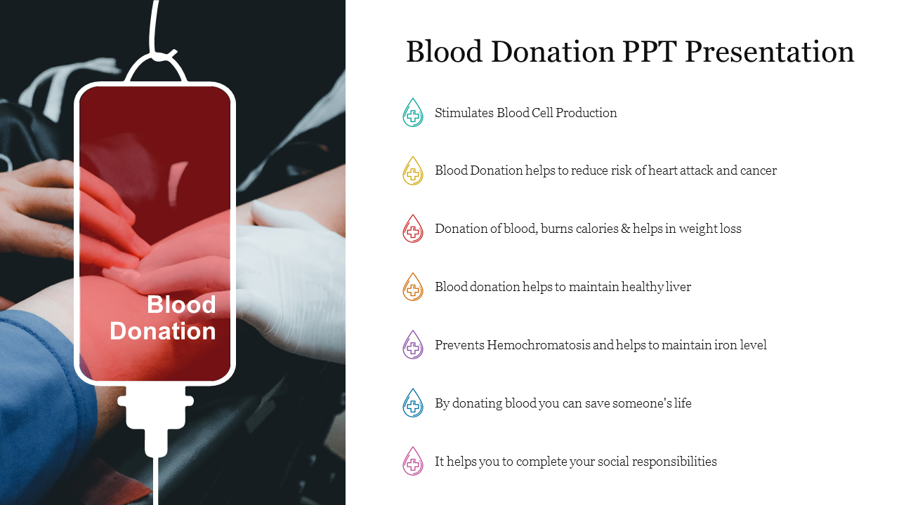 Blood donation image featuring an IV bag with red content and a list of benefits in colored text on the right.