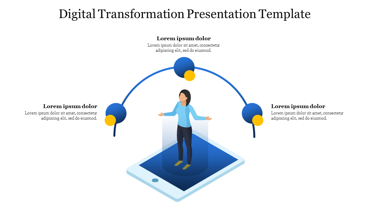 Digital transformation template featuring an illustration of a person emerging from a tablet, with placeholder text.