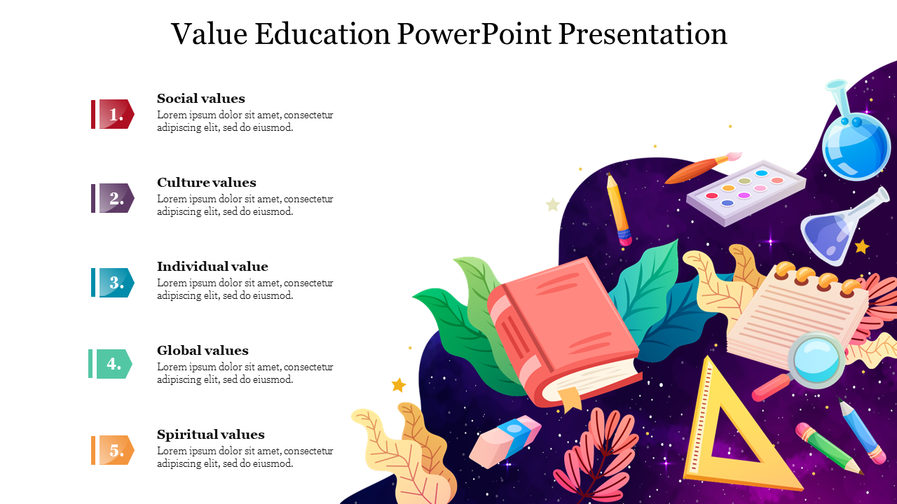 Colorful slide highlighting five values with placeholder text with educational tools and books as design elements.