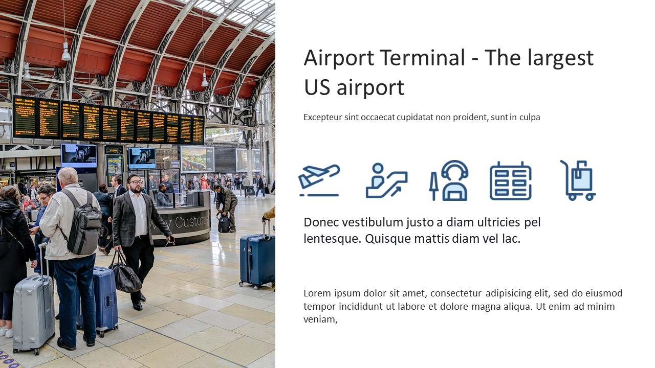 Slide about an airport terminal, featuring images of travelers in a busy terminal alongside icons with placeholder text.