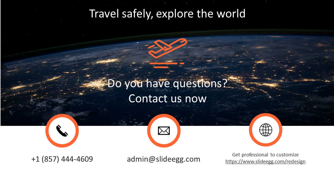 Contact slide with a view of Earth from space, an airplane icon, and contact details with icons from phone to website.