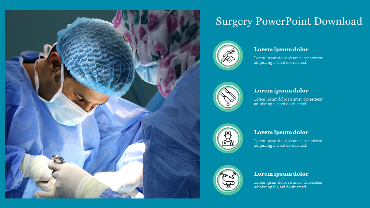 Image of a surgeon performing an operation on the left, with four green circular icons and text boxes related to surgery.