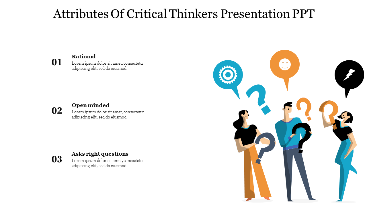 Slide on attributes of critical thinkers, featuring illustrations of three individuals engaged in discussion with icons.