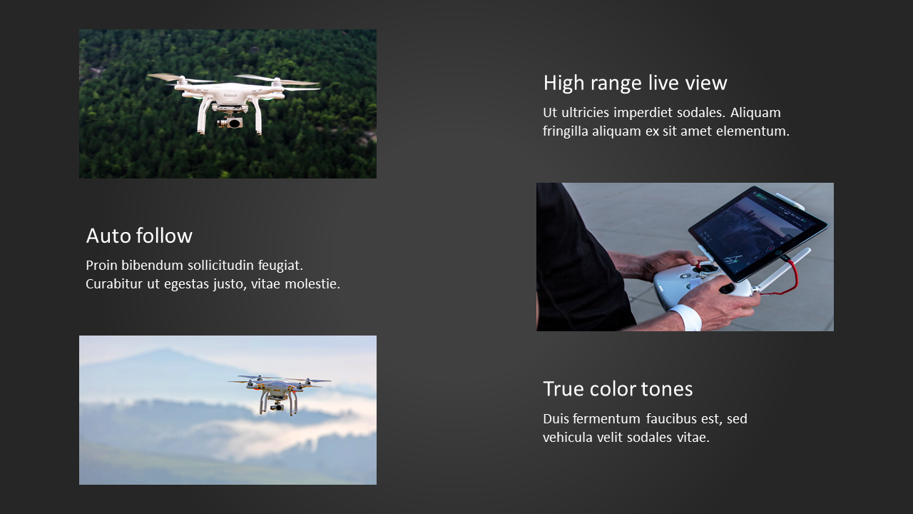 Drone feature slide highlighting high range live view, auto follow, and true color tones with images of drones.