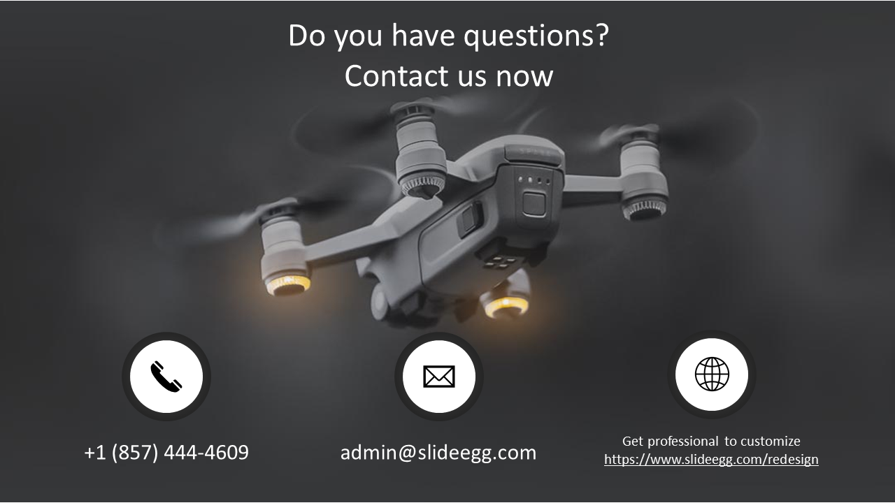 Gray drone hovering with glowing lights over a dark background, with white contact icons and text areas at the bottom.