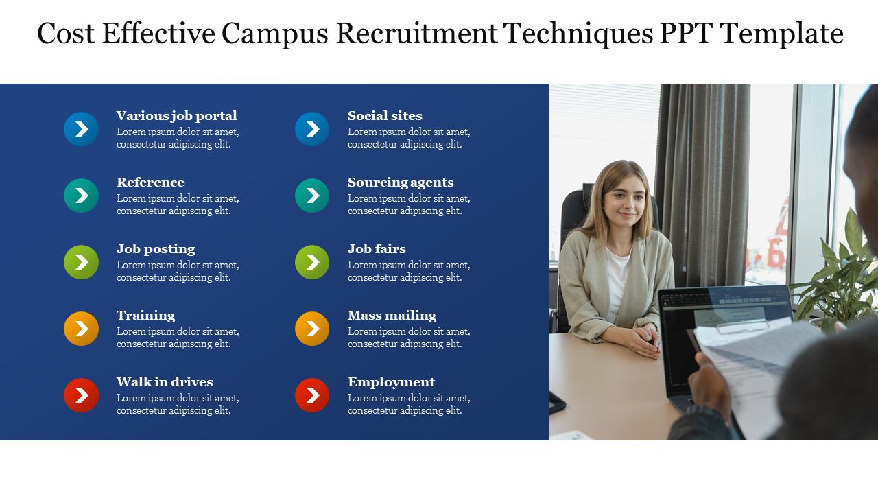 PowerPoint template for cost effective campus recruitment techniques with key methods listed on a blue theme with an image.