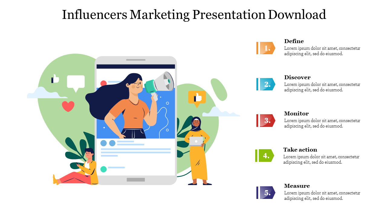 Influencer marketing slide featuring a large smartphone, icons for social media, and steps for influencer marketing success.