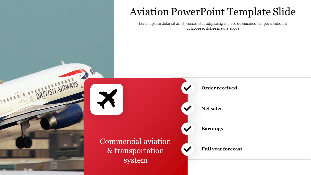 Flying British airways jet with a red checklist section, including an airplane icon and list of tasks on the right.