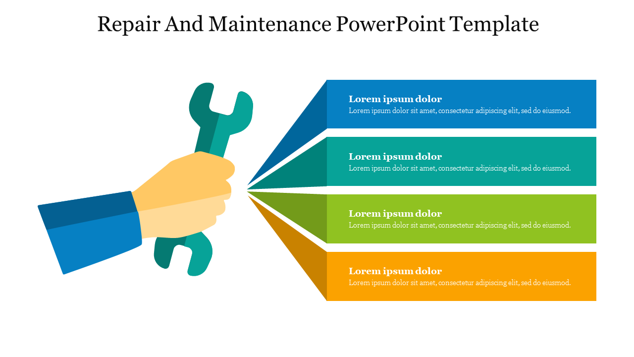 Repair and maintenance slide featuring wrench held by a hand with four color coded banners to the right, each with text area.