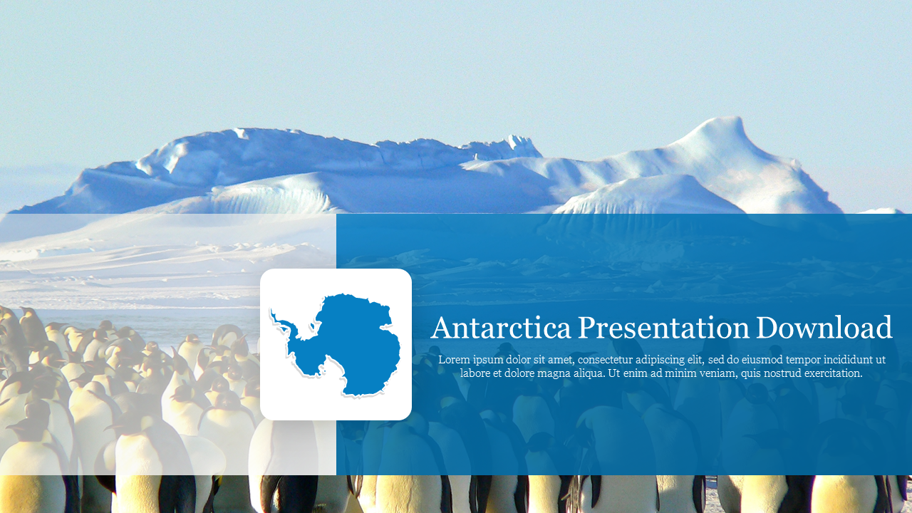 Snowy Antarctic scene with a colony of penguins, overlaid by a blue box with text and a map icon.