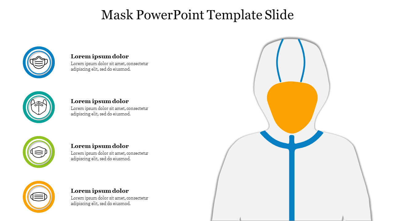 Mask PowerPoint slide featuring icons of various masks alongside a figure in protective gear.