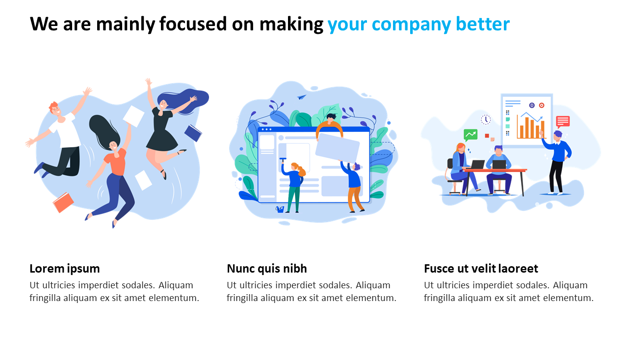 Three illustrations showing teamwork, project planning, and data analysis, with text descriptions below.