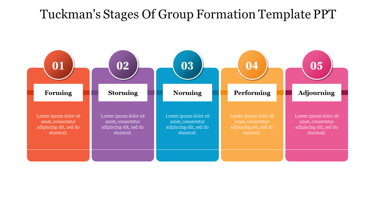 Tuckman stages displayed in five colorful boxes in red, purple, blue, orange, and pink, numbered 01 to 05.