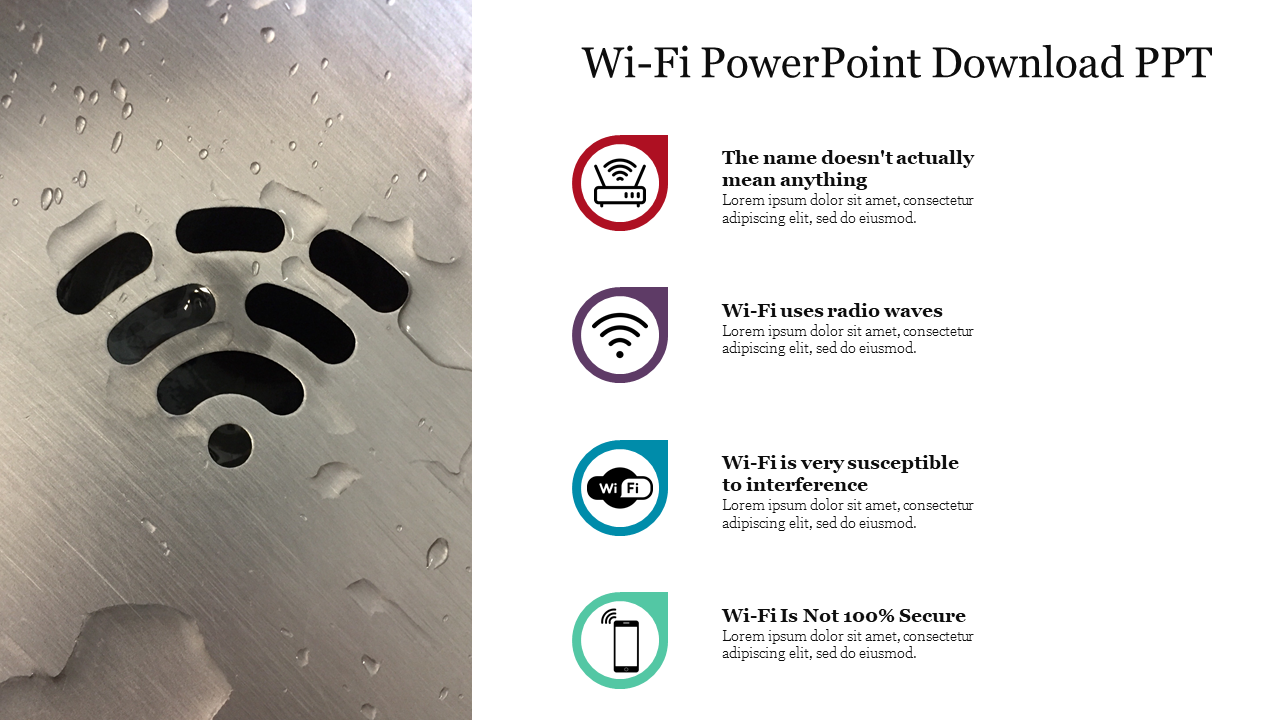 Wi-Fi symbol on a metal surface to the left, and four colored captions with icons on the right.