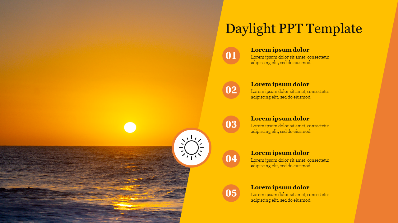 Daylight PowerPoint template featuring a sunset over the ocean, with five numbered sections for content on the right side.